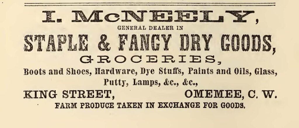 Isaac McNeely Dry & Fancy Goods Shop 1865-1866 Peterborough & Victoria County Directory