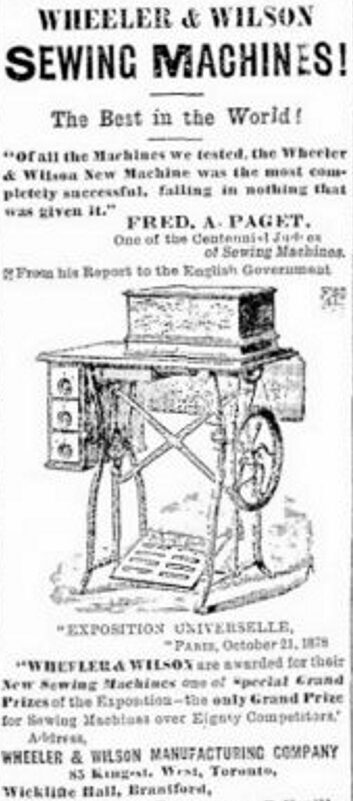 Wheeler & Wilson Sewing Machine Advertisement in The Irish Canadian for 1879