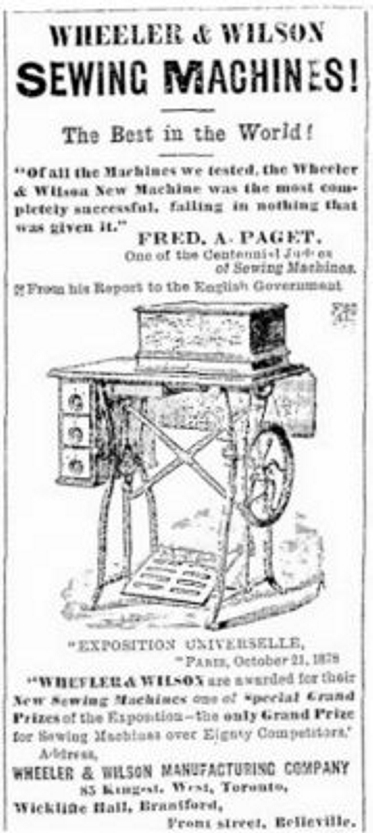 Wheeler & Wilson Sewing Machine Advertisement in The Irish Canadian for 1879